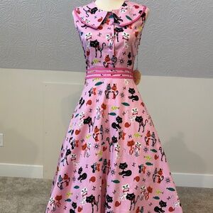 New With Tags! Lindy Bop Oona Dress in Pink Cats XS